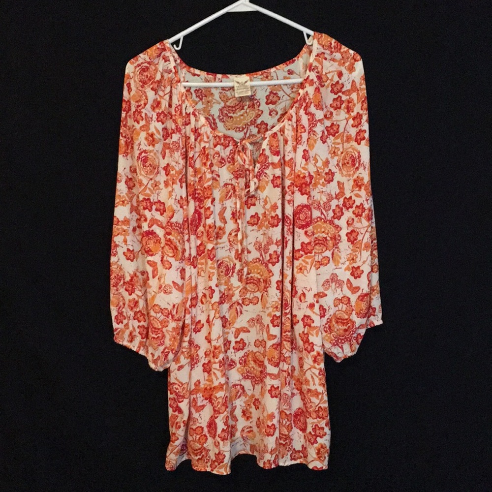 Faded Glory 3X Semi Sheer Orange Floral Blouse